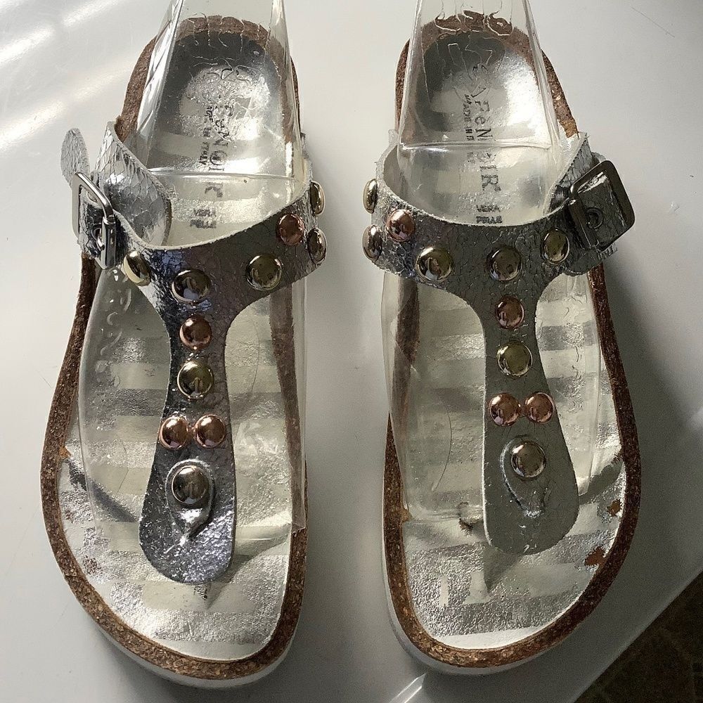 𝅺cafenoir MADE IN ITALY SILVER METALLIC GENUINE LEATHER WOMAN THONG SANDALS‌